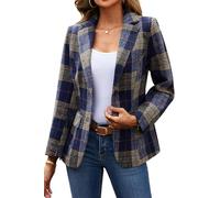 ELLEVEN Women's Lapel Collar Plaid 2 Button Boyfriend Blazer Suit Houndstooth Work Office Blazer Jacket, Navy Blue Plaid, XXL