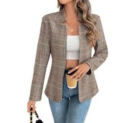 ELLEVEN Women's Plaid Blazer Open Front Stand Collar Houndstooth Suit Jacket for Work Casual, A-Brown Plaid, L