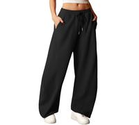 ELLEVEN Women's Y2K Wide Leg Sweatpants - High Elastic Waist Baggy Pants with Pockets & Adjustable Ankle Drawstring Cuffs, Black, M