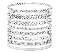 ELLEWIN Chain Bracelet for Men Stainless Steel Cuban Link Curb Figaro Herringbone Rope Paperclip Snake Byzantine Curb Chunky Chain Silver Bracelets Jewelry Set for Men 8.3 Inches, 8.3inch, Stainless