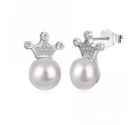 Ellie Rose London Fresh Water Pearl Sparkling Crown Earrings ERLE074 - Refined - Sterling Silver / Rhodium Plated / Fresh Water Pearl / Zirconia