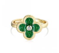 Ellie Rose London Sterling Silver Gold Plated Adjustable Green Lucky 4 Leaf Ring - Sterling Silver / Zirconia / Gold Plated