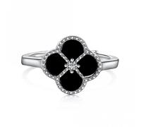 Ellie Rose London Sterling Silver Rhodium Plated Adjustable Black Lucky 4 Leaf - Sterling Silver / Zirconia / Rhodium Plated