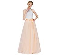 EllieHouse A Line Long Maxi Bridesmaid Tulle Skirt for Wedding Evening Party Prom P68, Champagne, L
