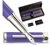 Ellington Pens Luxury Fountain Pen Set - Smooth Nib, Refillable Converter, 3 Cartridges (2 Black, 1 Blue) Purple-Silver-MediumNib