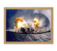 Elliot US Navy USS Iowa Battleship Fires Broadside BB-61 Photo Artwork Framed Wall Art Print A4 Artery8 Light Oak One Size