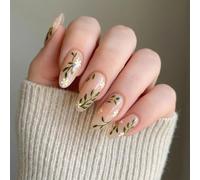 Elliptical Nude False Nails with Glossy Finish & Hand-Painted Floral Design - Natural Style Reusable Almond Shaped Artificial Nail Set for Women, Perfect for Daily Wear and Light Social Occasions