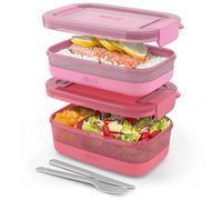 Ello 2-Pack Lunch Stack Plastic Food Storage Container Bento Box with Airtight, Leak-Proof Locking Plastic Lids and Silicone Base, BPA-Free, Freezer, Microwave, and Dishwasher Safe, Guava