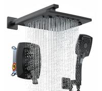ELLO&ALLO Matte Black Bathroom Shower Faucet Set with Valve, Rainfall Shower Head with Portable Combo