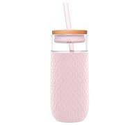 Ello Devon 18oz Glass Tumbler with Straw, Friction Fit Bamboo Wood Lid and Silicone Sleeve | Perfect for Iced Coffee, Tea, and Smoothies | Pink Satin