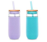 Ello Devon 2-Pack 18oz Glass Tumbler with Straw, Friction Fit Bamboo Wood Lid and Silicone Sleeve | Perfect for Iced Coffee, Tea, and Smoothies | Blue and Lilac