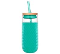 Ello Devon Glass Tumbler, Protective No Sweat Silicone Sleeve and Splash Proof Wooden Detail Lid with Straw, 18 oz