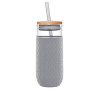 Ello Devon Glass Tumbler, Protective No Sweat Silicone Sleeve and Splash Proof Wooden Detail Lid with Straw, 18 oz
