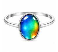Ello Elli Classic Vintage Mood Ring - 1.5mm Stainless Steel Ring Oval Color-Changing Stone with Gift Box, 4 UK, Metal Glass Crystal, Cubic Zirconia