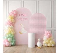 Ellteecz Set of 2 Arch Backdrop Covers One Silly Goose Baby Shower 2PCS Spandex Arch Stand Cover Plaids Girl Birthday Easter Party Banquets Decorations (6FT & 5FT,Pink)
