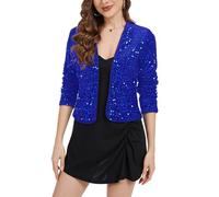 Ellunis Women Sequin Jackets Casual Open Front Cardigan Glitter 2025 Christmas Sparkly 3/4 Sleeve Short Coats Crop Blazer, Royal Blue, M