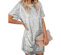 Ellunis Women's Sparkle Glitzy Dress Glam Sequin Short Sleeve Flapper Party Club Dress Silver