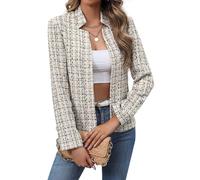 Ellunis Women's Tweed Blazer Long Sleeve Notched Collar Plaid Jackets Casual Open Front Coat Business Work Blazers Jacket