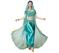 ELLYDOOR Arabian Jasmine Costume for Women Adult Princess Dress Up Halloween Belly Dance Top Pants 4 Piece Outfit Tag S, Blue