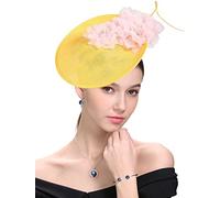 ELLYDOOR Fascinator Hats for Women Mesh Bow Rhinestone Feather Wedding Tea Party Derby Hat Clip Headband, 020 Yellow Pink, One Size
