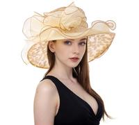 ELLYDOOR Kentucky Derby Hat Women Organza Fascinator Church Hat Bridal Wedding Tea Party Hat Wide Brim Sun Hat - Gold - One Size