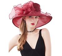ELLYDOOR Kentucky Derby Hat Women Organza Fascinator Church Hat Bridal Wedding Tea Party Hat Wide Brim Sun Hat, #14 Wine Red, One Size