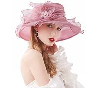 ELLYDOOR Kentucky Derby Hat Women Organza Fascinator Church Hat Bridal Wedding Tea Party Hat Wide Brim Sun Hat - pink - One Size