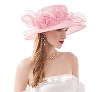 ELLYDOOR Women Derby Fascinator Hat Organza Church Wedding Hat Wide Brim Cocktail Tea Party Hat, 12elegant Pink, One Size