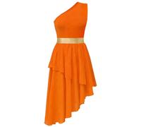 ELLYDOOR Praise Dance Overlays Dress for Women One Shulder Sleeveless Irregular Flowy Hem Worship Lyrical Dance Costume, 043 Orange, XXL