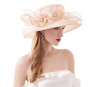 ELLYDOOR Women Derby Fascinator Hat Organza Church Wedding Hat Wide Brim Cocktail Tea Party Hat, 12light Pink, One Size