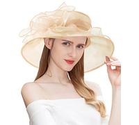 ELLYDOOR Women Derby Fascinator Hat Organza Church Wedding Hat Wide Brim Cocktail Tea Party Hat, 14beige, One Size