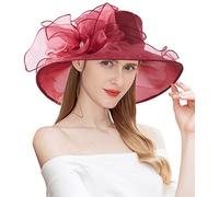 ELLYDOOR Women Derby Fascinator Hat Organza Church Wedding Hat Wide Brim Cocktail Tea Party Hat, 14wine Red, One Size