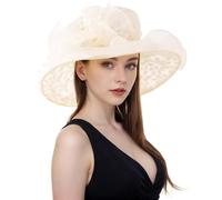 ELLYDOOR Women Derby Fascinator Hat Organza Church Wedding Hat Wide Brim Cocktail Tea Party Hat, G Beige, One Size