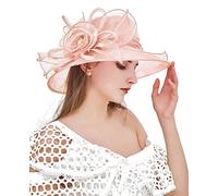 ELLYDOOR Women Derby Fascinator Hat Organza Church Wedding Tea Party Hats Wide Brim Sun Hat, 08 Peach Pink, One Size