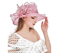 ELLYDOOR Kentucky Derby Hat Women Organza Fascinator Church Hat Bridal Wedding Tea Party Hat Wide Brim Sun Hat - pink - One Size