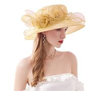 ELLYDOOR Women Kentucky Derby Hat Organza Fascinator Church Hat Bridal Wedding Tea Party Hat Wide Brim Sun Hat, Gold, One Size
