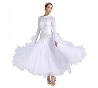ELLYDOOR Women's Ballroom Dance Dress - Floral Rhinestone Professional Modern Waltz Competition Dress for Prom & Party, 034 White, M