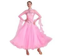 ELLYDOOR Women's Ballroom Dance Dress - Floral Rhinestone Professional Modern Waltz Competition Dress for Prom & Party, 034 Pink, XL