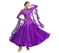 ELLYDOOR Women's Ballroom Dance Dress - Floral Rhinestone Professional Modern Waltz Competition Dress for Prom & Party, 034 Viloet Purple, M