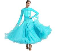 ELLYDOOR Women's Ballroom Dance Dress - Floral Rhinestone Professional Modern Waltz Competition Dress for Prom & Party, 034 Lake Blue, L