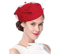 ELLYDOOR Wool Fasciantor Hat Winter Wool Felt Pillbox Hat for Women Wedding Church Hat Veil Bowknot Fedoras, #01a Red, One Size