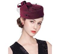 ELLYDOOR Wool Fascinator Hat Winter Wool Felt Pillbox Hat for Women Wedding Church Hat Veil Bowknot Fedoras, #01b Wine Red, One Size