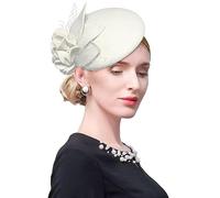 ELLYDOOR Wool Fascinator Pillbox Hat Winter British Wool Felt Hat for Women Wedding Church Hat Flower Fedoras, 2006 Ivory White, One Size