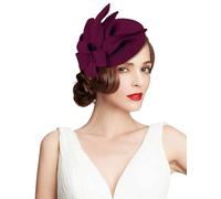 ELLYDOOR Wool Fascinator Pillbox Hat Winter British Wool Felt Hat for Women Wedding Church Hat Flower Fedoras, 2021 Burgundy, One Size