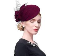 ELLYDOOR Wool Fascinator Pillbox Hat Winter British Wool Felt Hat for Women Wedding Church Hat Flower Fedoras, 2006 Burgundy, One Size