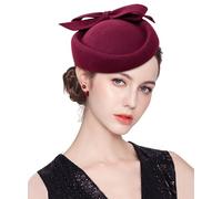 ELLYDOOR Wool Fascinator Pillbox Hat Winter British Wool Felt Hat for Women Wedding Church Hat Flower Fedoras, 2023 Burgundy, One Size