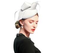 ELLYDOOR Wool Fascinator Pillbox Hat Winter British Wool Felt Hat for Women Wedding Church Hat Flower Fedoras, J-Ivory White, One Size