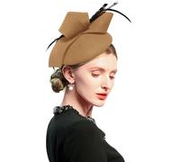 ELLYDOOR Wool Fascinator Pillbox Hat Winter British Wool Felt Hat for Women Wedding Church Hat Flower Fedoras, J-Khaki, One Size