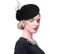 ELLYDOOR Wool Fascinator Pillbox Hat Winter British Wool Felt Hat for Women Wedding Church Hat Flower Fedoras, 2006 Black, One Size