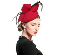 ELLYDOOR Wool Fascinator Pillbox Hat Winter British Wool Felt Hat for Women Wedding Church Hat Flower Fedoras, J-red, One Size